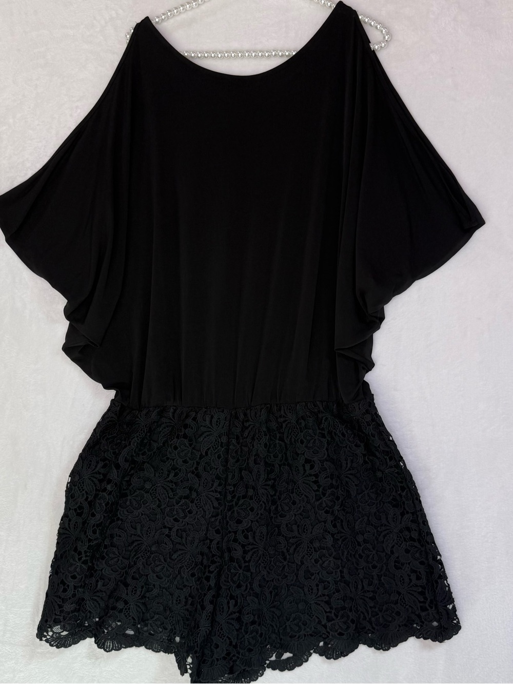 Boston Proper Cold Shoulder Crochet Bottom Black Romper Sz XLarge